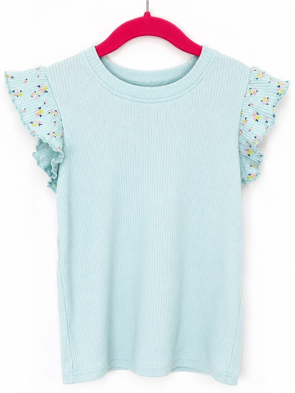 PEKKLE Girls Light Blue Floral Ribbed Flutter Sleeve Top Size 6